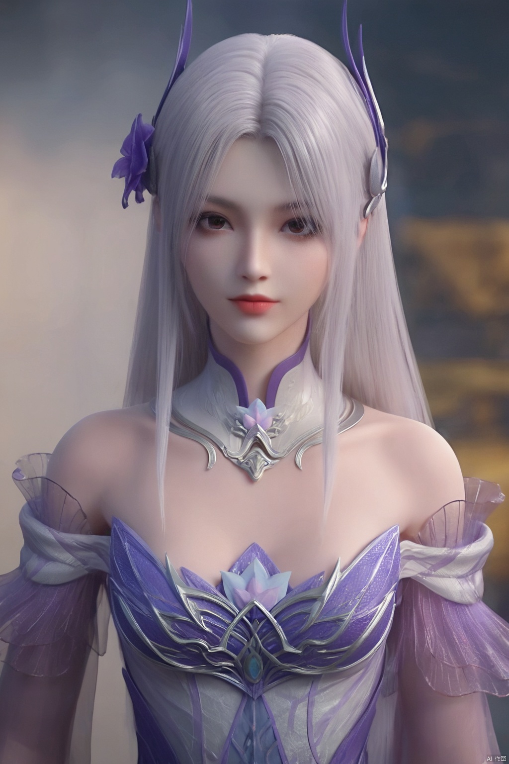 score_9,score_8_up,(Clear lines, high definition, Best quality, Very detailed, masterpiece, 4K),1girl, solo, long hair, hair ornament, dress, bare shoulders, upper body, flower, white hair, detached collar, red lips,XYX