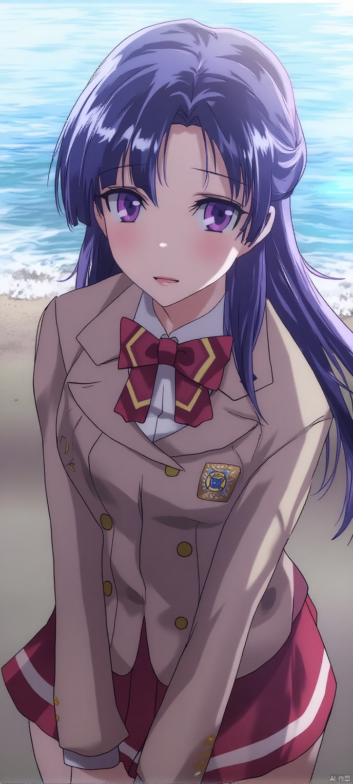 (high definition, Best quality, masterpiece, 4K, exquisite skin), LMyexiao,1girl, solo, long hair, purple eyes, half updo, hair ribbon, bow, blazer, long sleeves, emblem, pleated skirt, red skirt, black thighhighs, thighhighs, zettai ryouiki,, seaside, learning forward