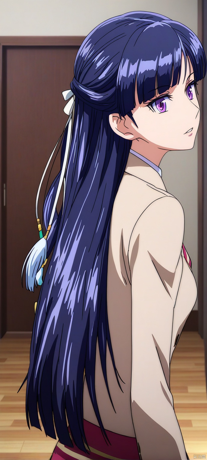 (high definition, Best quality, masterpiece, 4K, exquisite skin), LMyexiao, solo, portrait, black thighhighs, room, learning forward, Focus upper body,