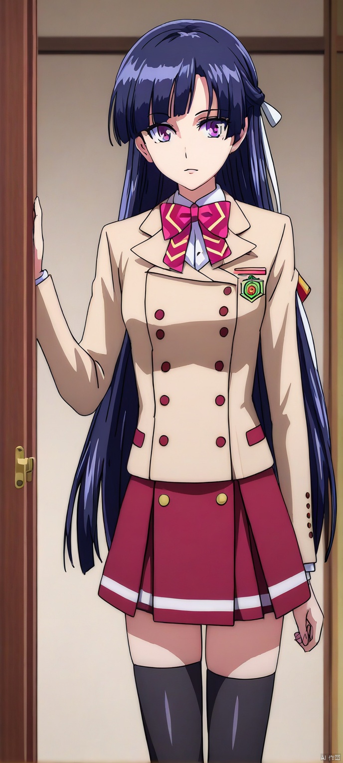 (high definition, Best quality, masterpiece, 4K, exquisite skin), LMyexiao, solo, portrait, black thighhighs, room, learning forward, Focus upper body