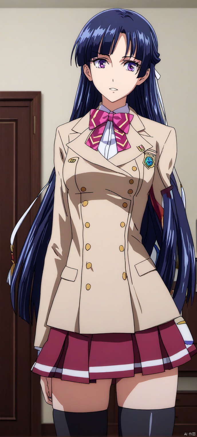 (high definition, Best quality, masterpiece, 4K, exquisite skin), LMyexiao, solo, portrait, black thighhighs, room, learning forward, Focus upper body,