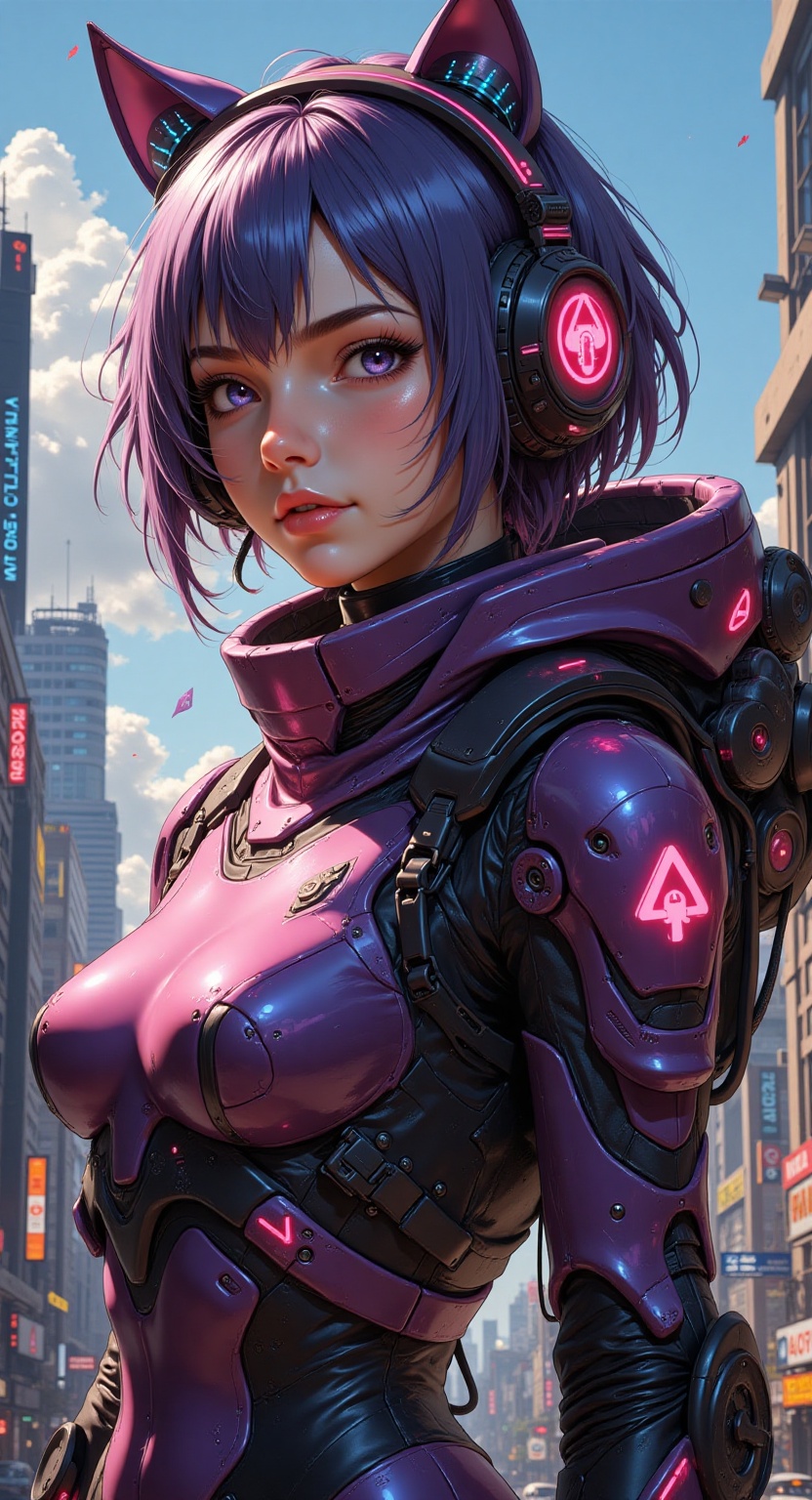 Anime girl in futuristic costume with cat ears and headphones.,  linda chica cyborg,  cyberpunk anime digital art on Tenso...