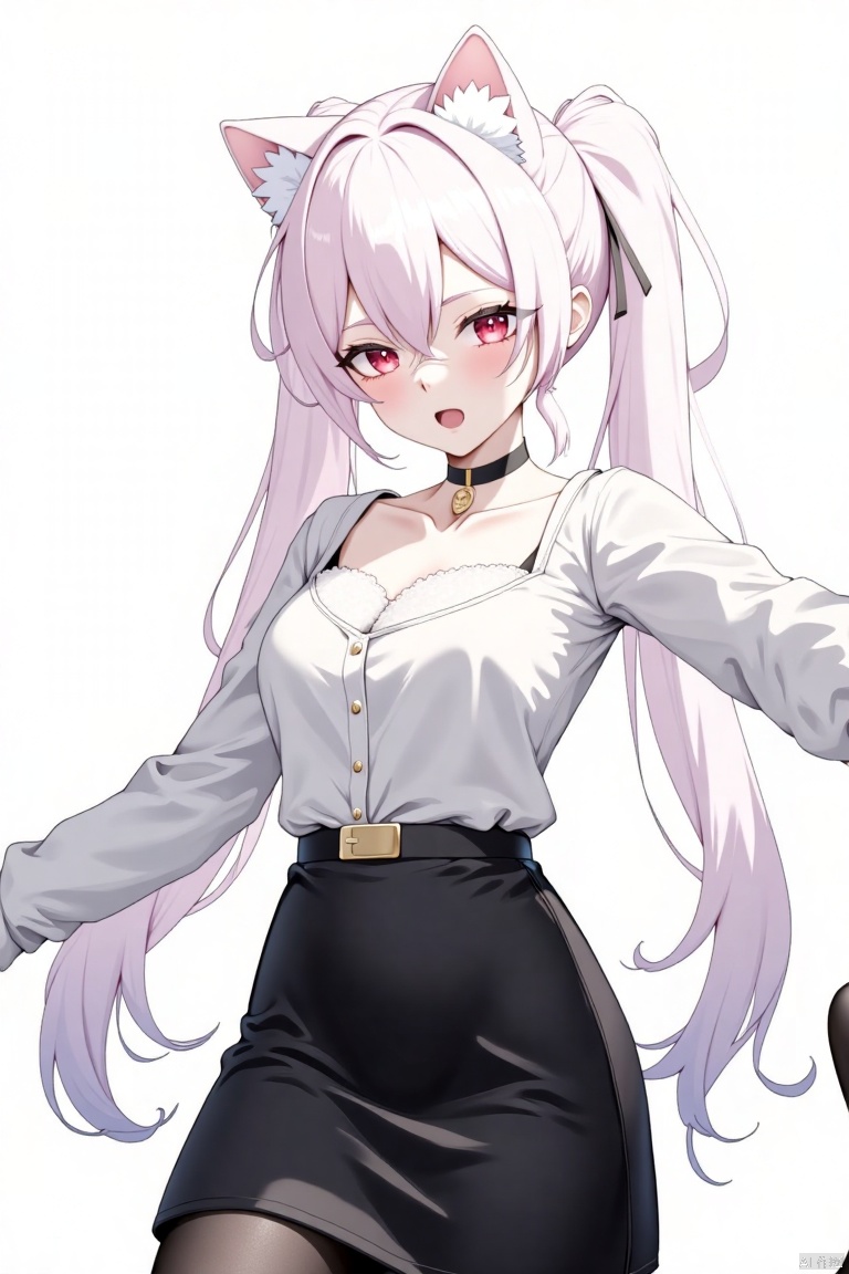 1girl, solo, long hair, breasts, looking at viewer, blush, open mouth, bangs, skirt, simple background, shirt, red eyes, long sleeves, white background, dress, ribbon, animal ears, hair between eyes, twintails, medium breasts, very long hair, collarbone, white hair, choker, fang, belt, cat ears, black skirt, animal ear fluff, black choker, outstretched arms, grey shirt