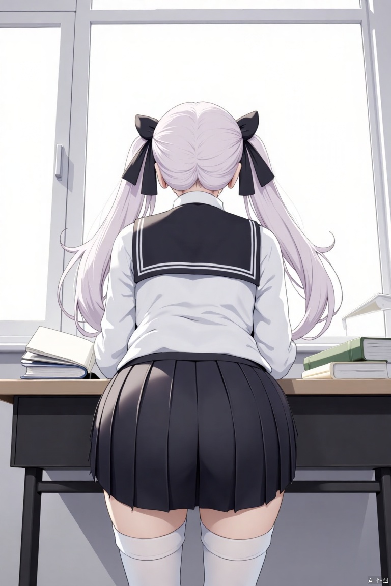 1girl, solo, long hair, skirt, shirt, hair ornament, thighhighs, long sleeves, bow, ribbon, twintails, school uniform, hair ribbon, white shirt, ass, white hair, hair bow, pleated skirt, indoors, black skirt, sailor collar, from behind, white thighhighs, two side up, book, window, black ribbon, no shoes, all fours, desk, black sailor collar,