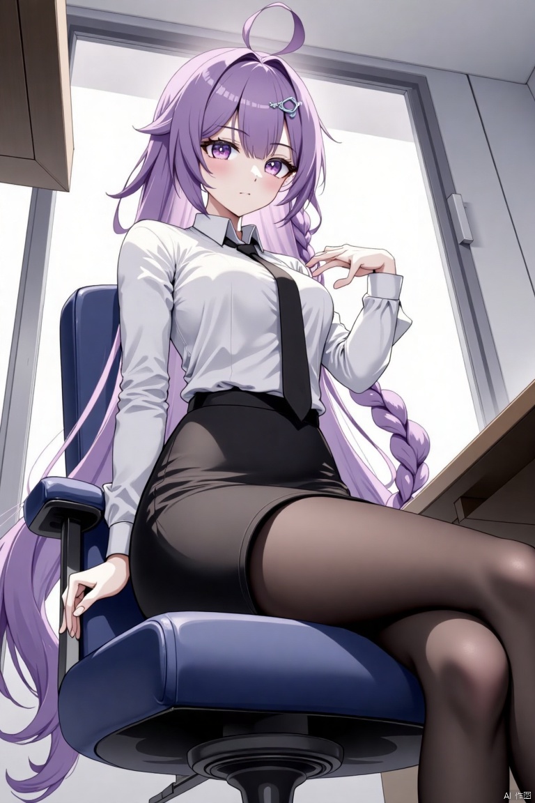 1girl, solo, long hair, breasts, looking at viewer, bangs, skirt,  breasts, shirt, hair ornament, long sleeves, holding, sitting, very long hair, closed mouth, purple eyes, white shirt, purple hair, braid, pantyhose, thighs, necktie, alternate costume, collared shirt, indoors, black skirt, mole, , mole under eye, chair, from below, crossed legs,black necktie, desk,, pencil skirt, braided ponytail, office lady,office,