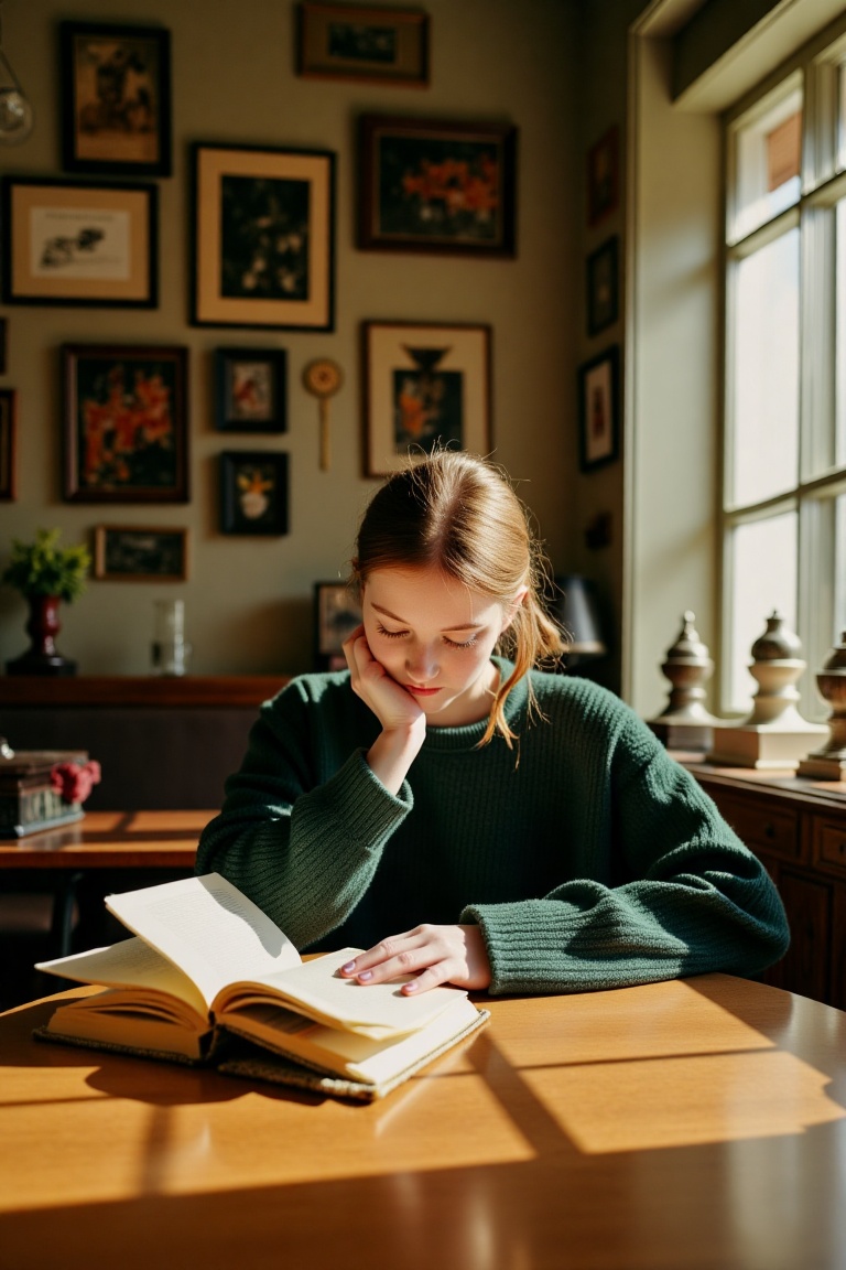 A young woman with light brown hair,  contemplative expression,  and a focused gaze on Tensor.Art