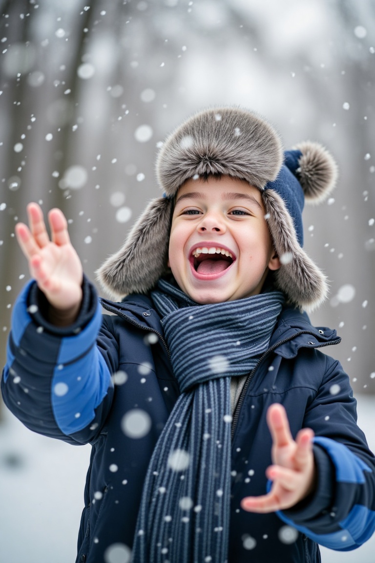 Cheerful young boy,  wearing a gray fur trapper hat,  warm dark blue and grey scarf on Tensor.Art