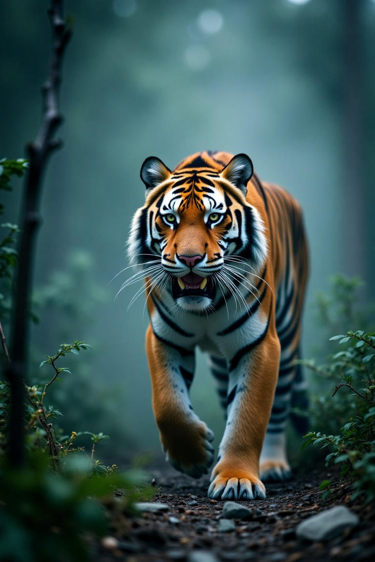 A majestic Siberian tiger,  powerful and focused,  strides through a misty on Tensor.Art