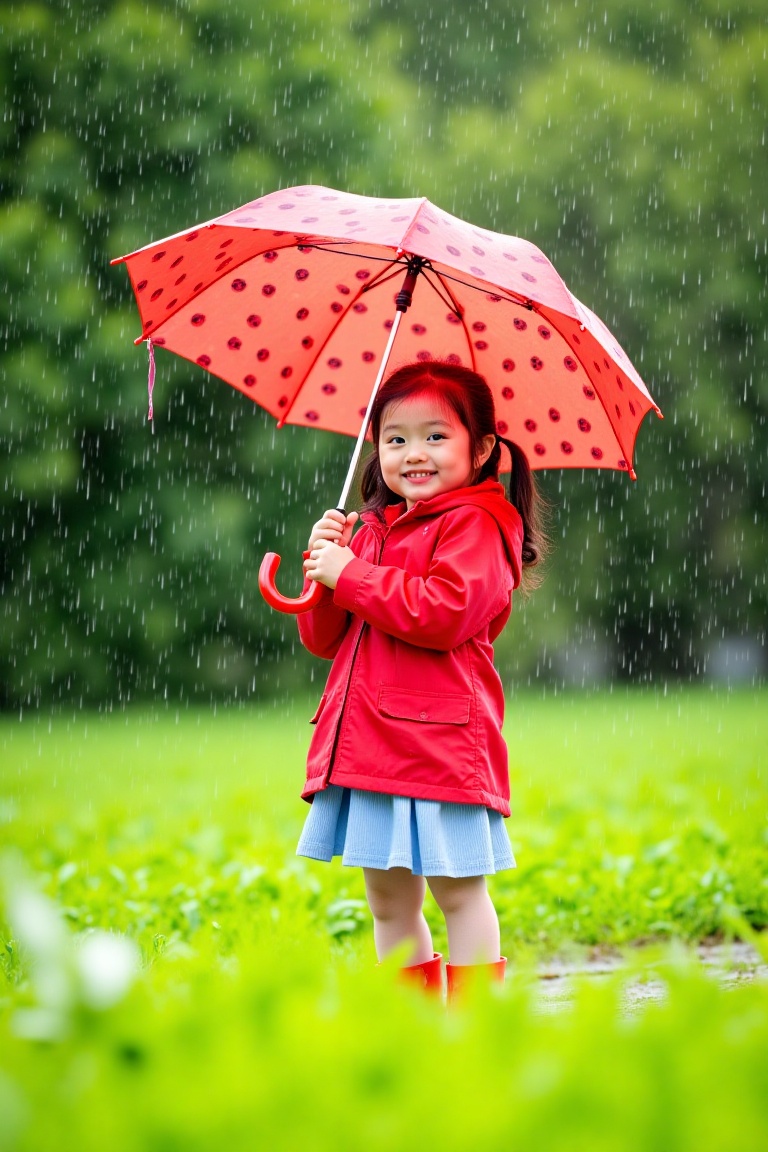 Young girl in vibrant red raincoat and ladybug-patterned umbrella,  joyfully embracing a light rain shower. Full shot,  ey...