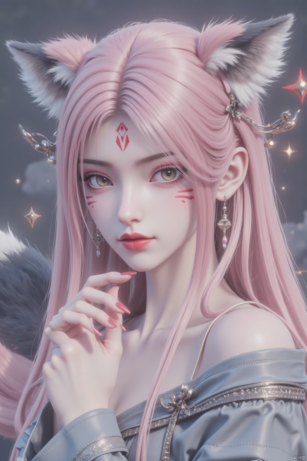 A whimsical portrait of a pink-haired 'fox girl' with multicolored locks, framed by her wide sleeves and animal ear fluff. Her piercing grey eyes gaze directly at the viewer, while her closed mouth and subtle facial marks hint at a thoughtful demeanor. A fox tail flows down her back, complemented by a gradient hair effect that adds depth to her wavy tresses. Jewelry adorns her ears and neck, with red nails adding a pop of color. The subject's hand rests on her forehead, near the mark that sets off her striking features. Framed by a soft focus background, this captivating image is reminiscent of the imaginative works of artist [insert artist name here].