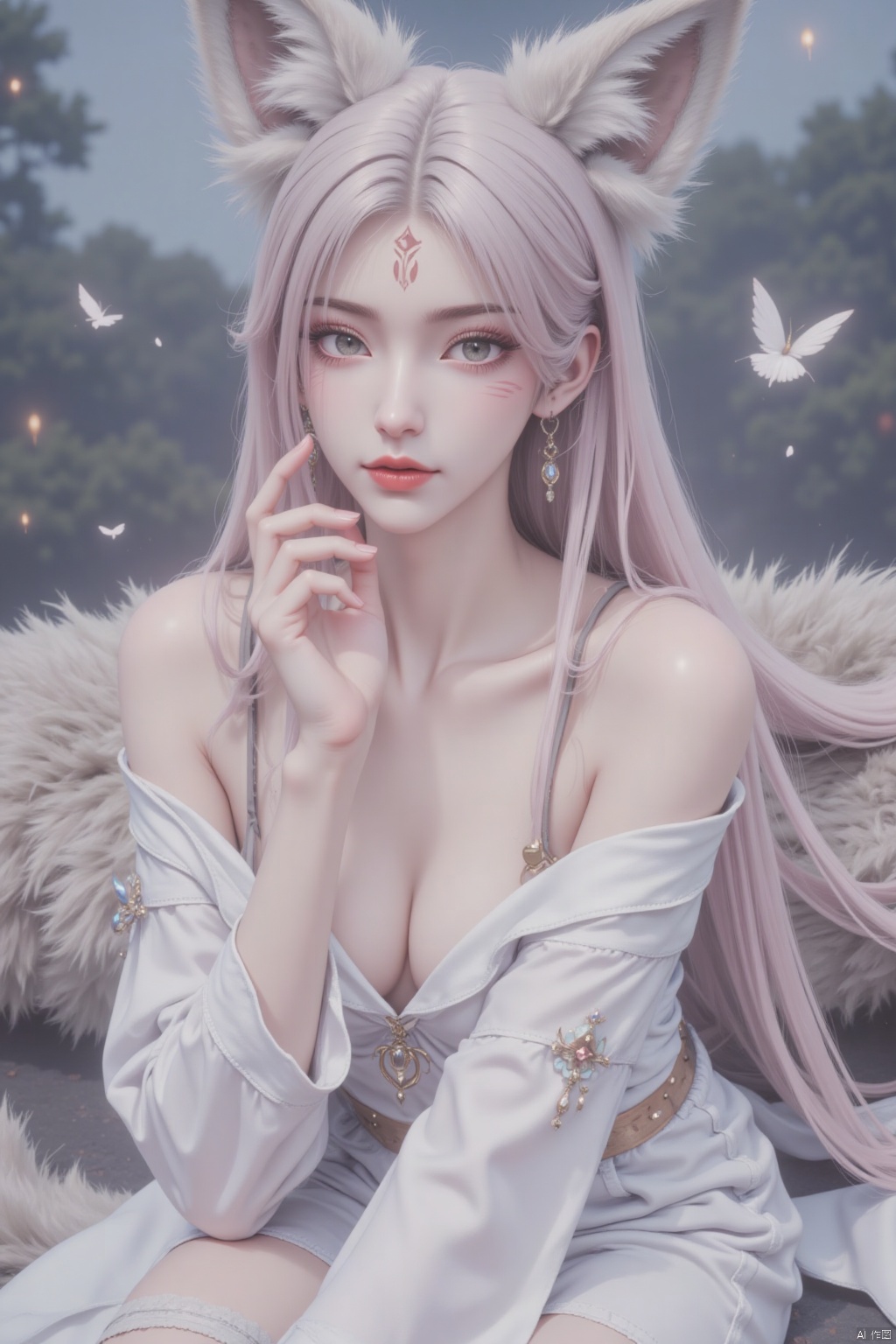 A captivating portrait of a fox girl with mesmerizing grey eyes and multicolored hair featuring pink and white hues. She sits confidently, adorned with earrings and a necklace, wearing a subtle facial mark and a closed-mouth expression. Wide sleeves accentuate her slender figure as she rests her hand on her cheek, highlighting her delicate features. Fox ears protrude from her head, fluffed with soft fur, while a long tail swishes behind her. The blurred background focuses attention on her captivating presence, drawing the viewer's gaze to her striking features.