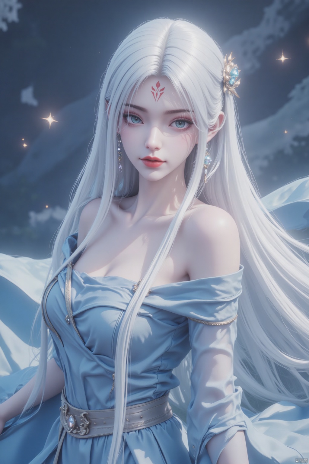 A serene young woman with piercing blue eyes and flowing white hair adorned with a sparkling ornament stands majestically in a soft-focused frame, her upper body bared to the gentle lighting. A flowing blue dress hugs her slender figure, drawing attention to the subtle forehead mark. Her long hair cascades down her back like a river of moonlight.