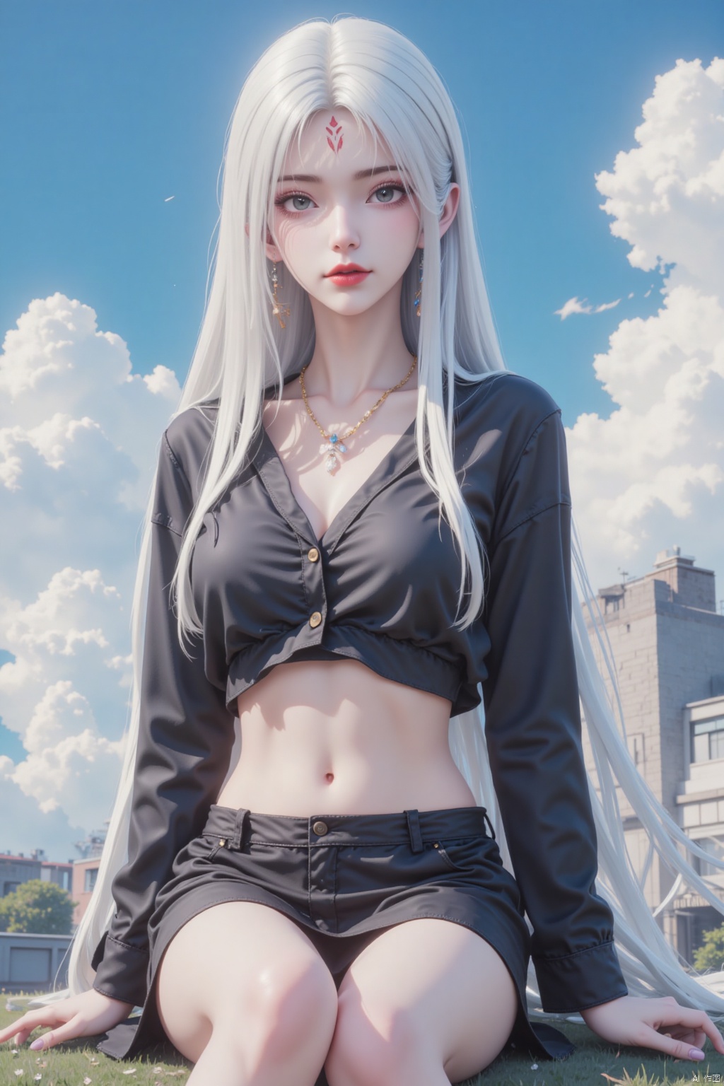 1girl, solo, long hair, breasts, looking at viewer, bangs, skirt, shirt, white hair, long sleeves, navel, jewelry, sitting, closed mouth, underwear, earrings, outdoors, sky, day, midriff, cloud, miniskirt, black skirt, necklace, black footwear, blue sky, crop top, black shirt, grass, building, pink nails, red lips,white hair,forehead mark
