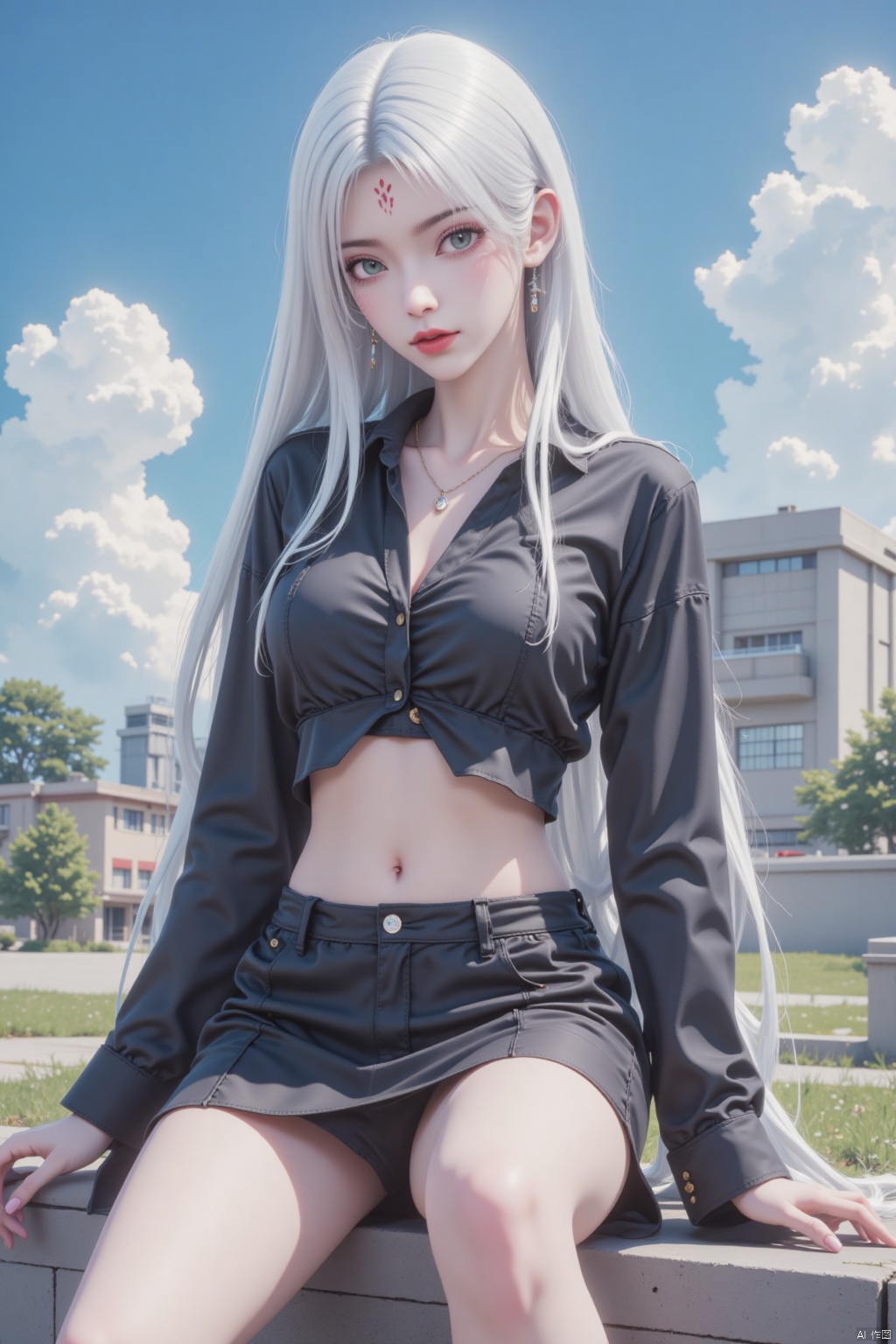 1girl, solo, long hair, breasts, looking at viewer, bangs, skirt, shirt, white hair, long sleeves, navel, jewelry, sitting, closed mouth, underwear, earrings, outdoors, sky, day, midriff, cloud, miniskirt, black skirt, necklace, black footwear, blue sky, crop top, black shirt, grass, building, pink nails, red lips,white hair,forehead mark
