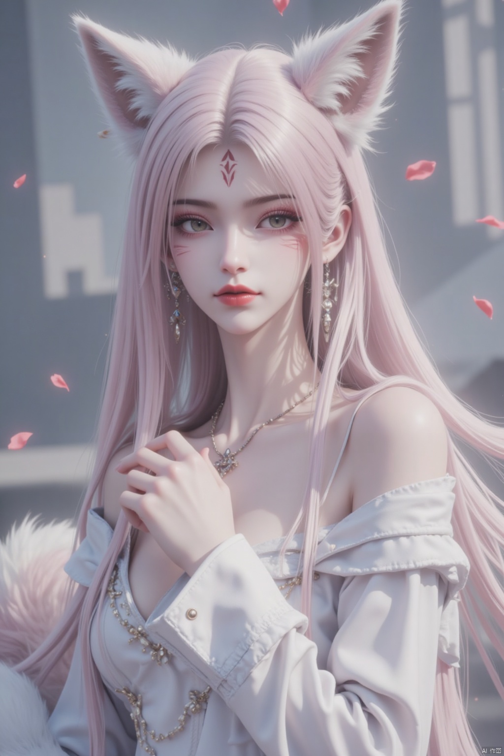 A mystical portrait of a fox girl, posed against a softly blurred backdrop, with piercing grey eyes locked onto the viewer. Her long, multicolored hair featuring pink and white hues cascades down her back, adorned with earrings and a necklace. A subtle facial mark and closed-mouth expression add to her enigmatic allure. Wide sleeves accentuate her slender figure as she showcases her upper body. Fox ears protrude from her head, fluffed with a soft, furry texture, while a long tail swishes behind her, completing her whimsical appearance. A gentle hand rests on her cheek, highlighting her delicate features.