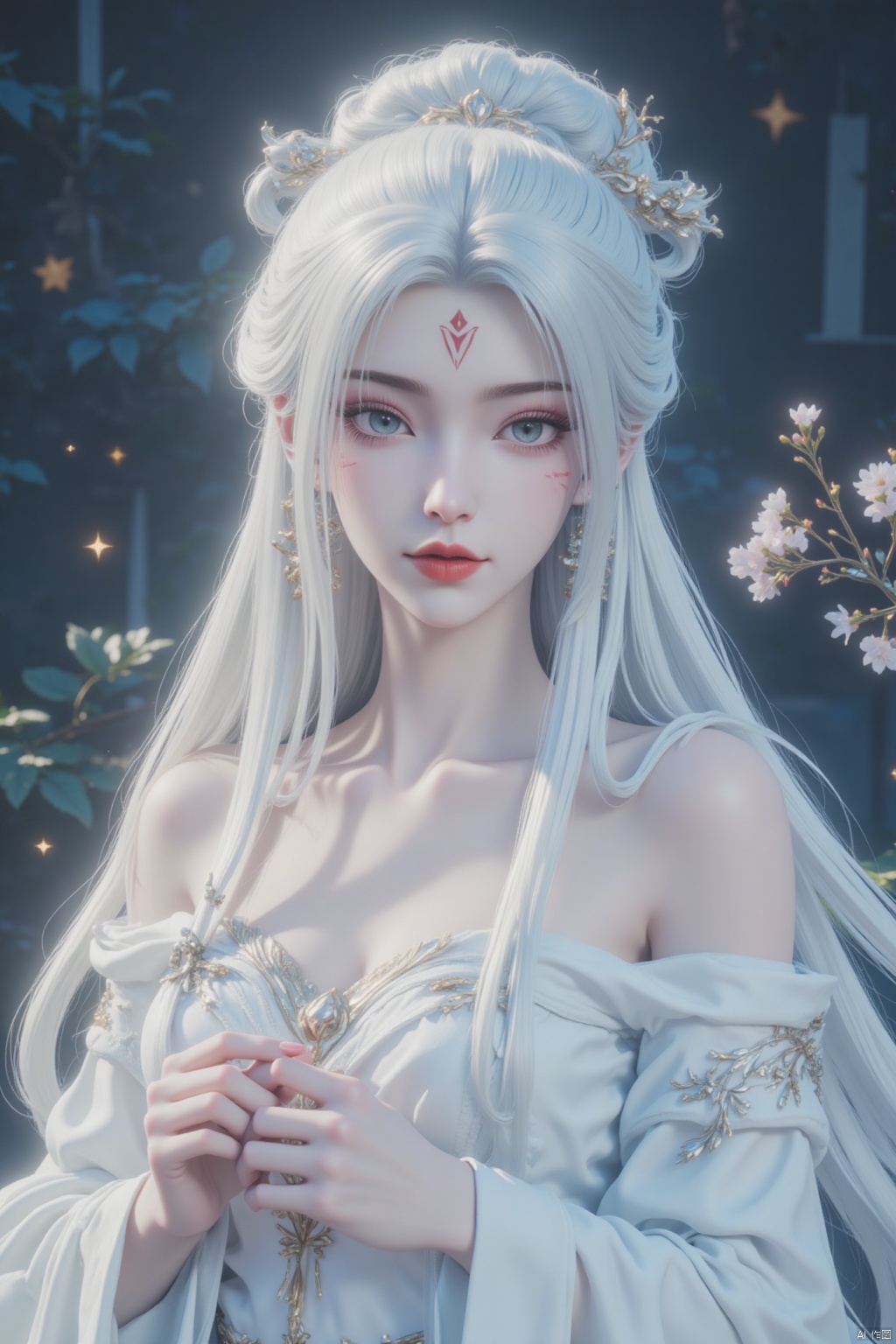 A serene Chinese maiden stands alone, her long, luscious locks cascading down her back like a golden waterfall. Her piercing blue eyes sparkle as she holds a delicate instrument, her porcelain-white dress adorned with intricate embroidery and a hair ornament that shines like a tiny moon. A subtle facial mark and forehead mark add an air of mystique to her enigmatic gaze. Her white hair is styled in a elegant updo, accentuating the soft curves of her breasts beneath the flowing fabric.