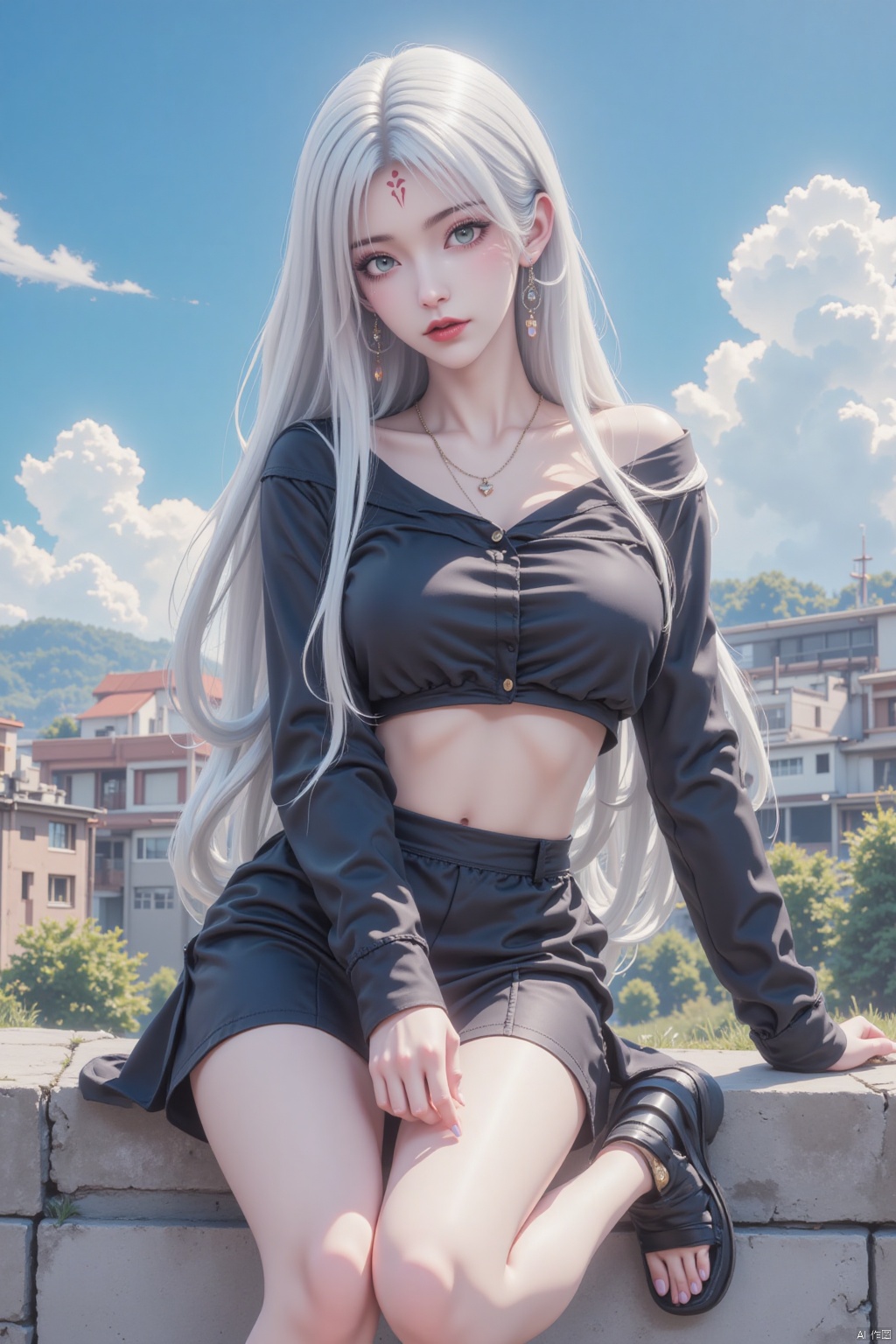1girl, solo, long hair, breasts, looking at viewer, bangs, skirt, shirt, white hair, long sleeves, navel, jewelry, sitting, closed mouth, underwear, earrings, outdoors, sky, day, midriff, cloud, miniskirt, black skirt, necklace, black footwear, blue sky, crop top, black shirt, grass, building, pink nails, red lips,white hair,forehead mark