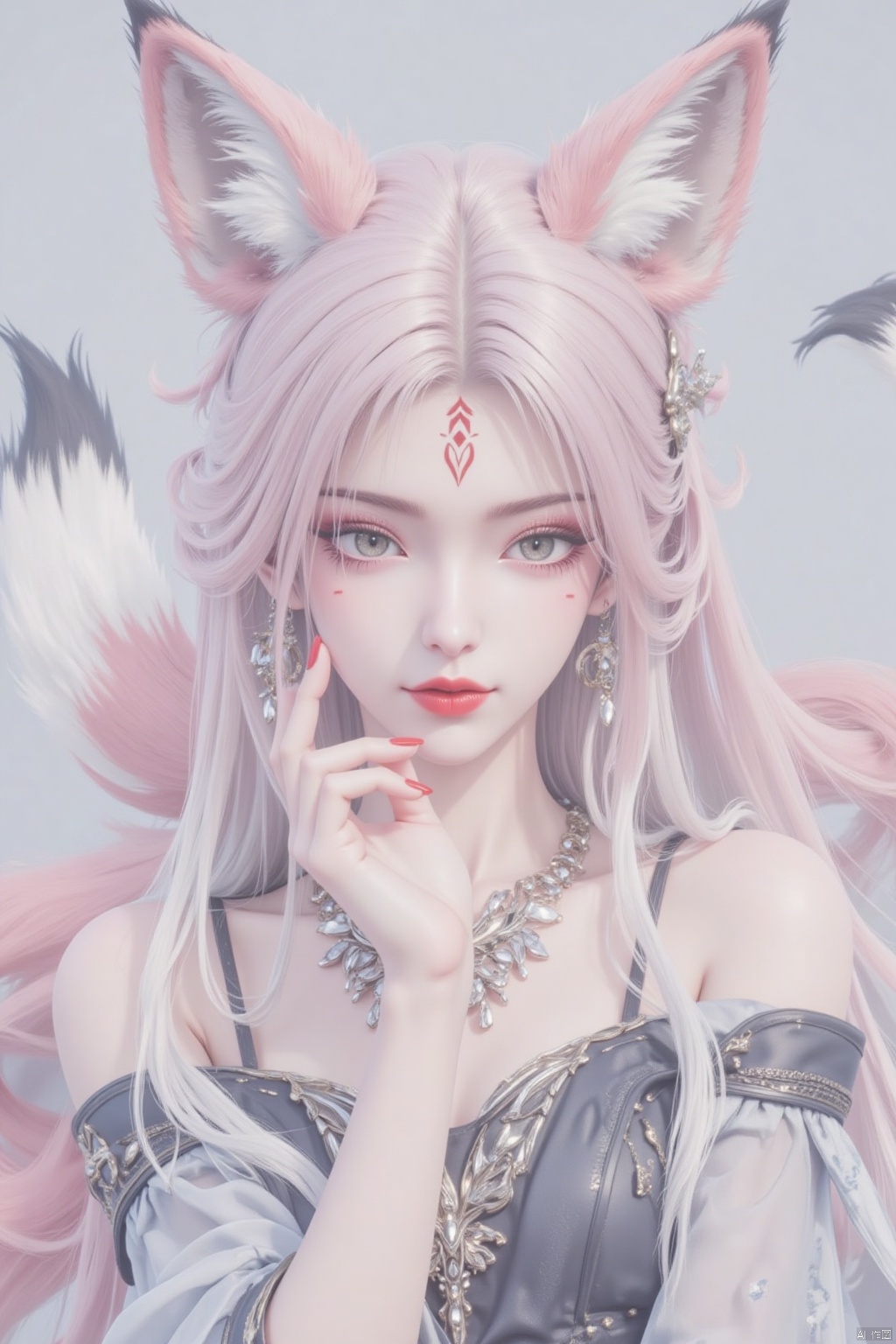 1girl, solo, long hair, looking at viewer, long sleeves, animal ears, jewelry, closed mouth, tail, upper body, pink hair, white hair, multicolored hair, earrings, artist name, wide sleeves, necklace, lips, animal ear fluff, grey eyes, fox ears, gradient hair, makeup, fox tail, wavy hair, facial mark, fox girl, red nails, hand on own face, head rest, forehead mark, hand on own cheek, red lips