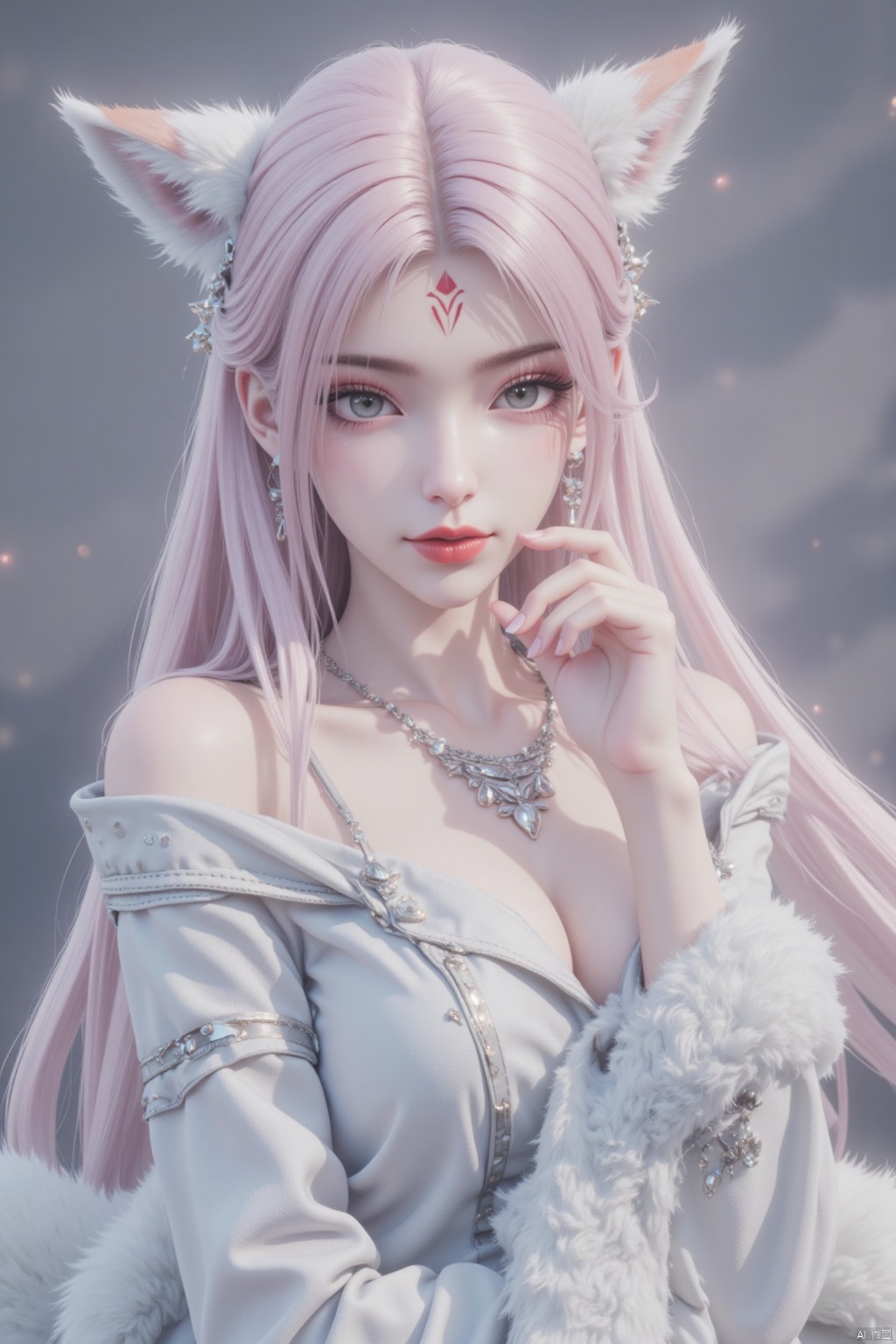 Fox Girl Portrait: A stunning fox girl with long, multicolored hair featuring pink and white hues, adorned with earrings and a necklace. Her piercing grey eyes gaze directly at the viewer as she wears a subtle facial mark and sports a closed-mouth expression. Her upper body is showcased in wide sleeves, accentuating her slender figure. Fox ears protrude from her head, fluffed with a soft, furry texture. A long tail swishes behind her, completing her whimsical appearance. A hand rests on her cheek, highlighting her delicate features. The background is blurred, focusing attention on the subject's captivating presence.