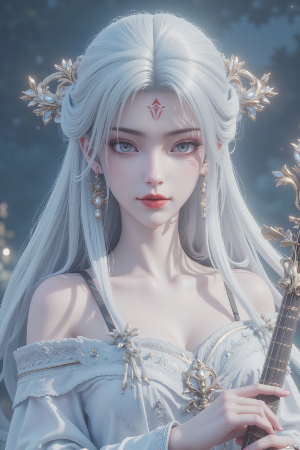 A serene Chinese maiden stands alone, her long, luscious locks cascading down her back like a golden waterfall. Her piercing blue eyes sparkle as she holds a delicate instrument, her porcelain-white dress adorned with intricate embroidery and a hair ornament that shines like a tiny moon. A subtle facial mark and forehead mark add an air of mystique to her enigmatic gaze. Her white hair is styled in a elegant updo, accentuating the soft curves of her breasts beneath the flowing fabric.