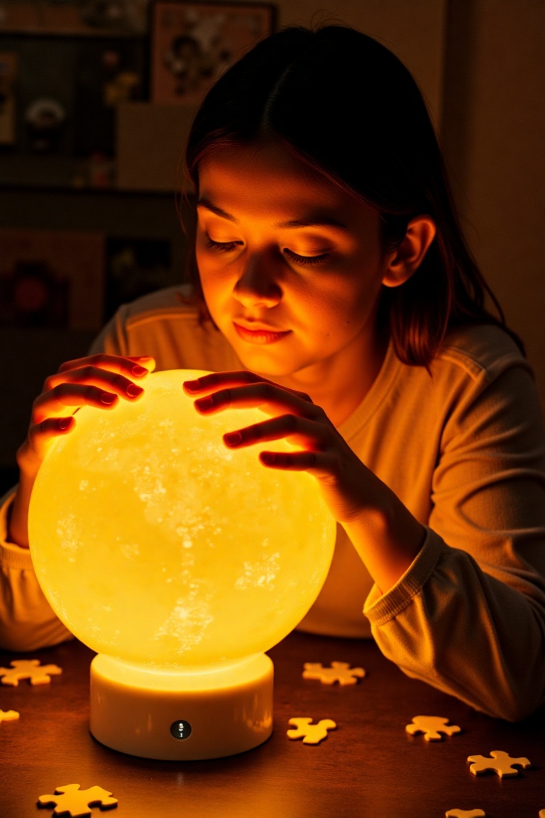 Woman with closed eyes,  gently cradling illuminated globe. Warm,  golden light emanates from the globe on Tensor.Art