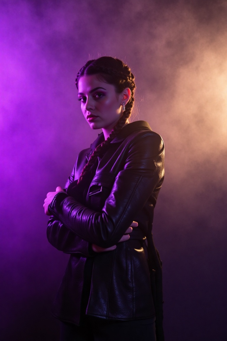 A captivating young woman,  adorned with a braided hairstyle,  stands amidst a dramatic haze of purple and beige smoke. Da...