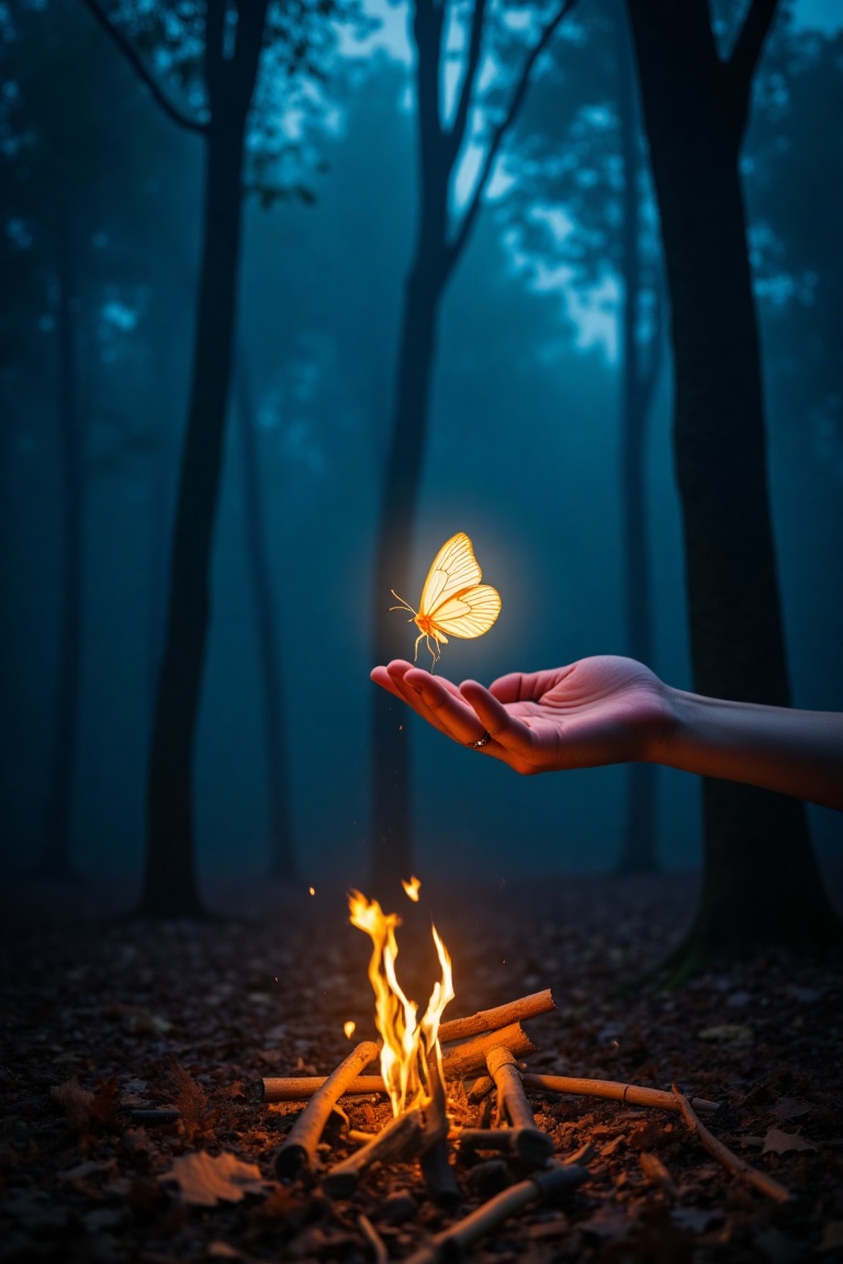 A hand reaches out to catch a luminous butterfly in a mystical forest at night. Soft,  luminous light emanates from the bu...