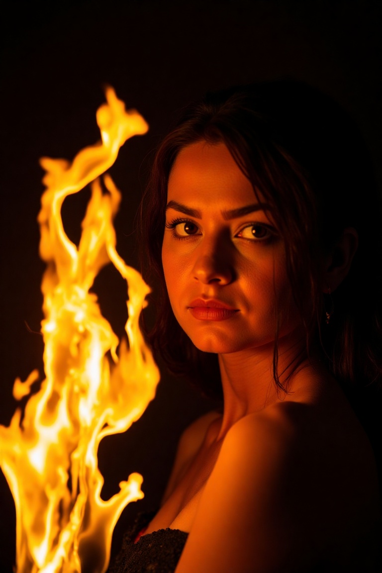 A close-up portrait of a young woman,  her face partially illuminated by fiery orange flames. Intense,  dynamic flames on...
