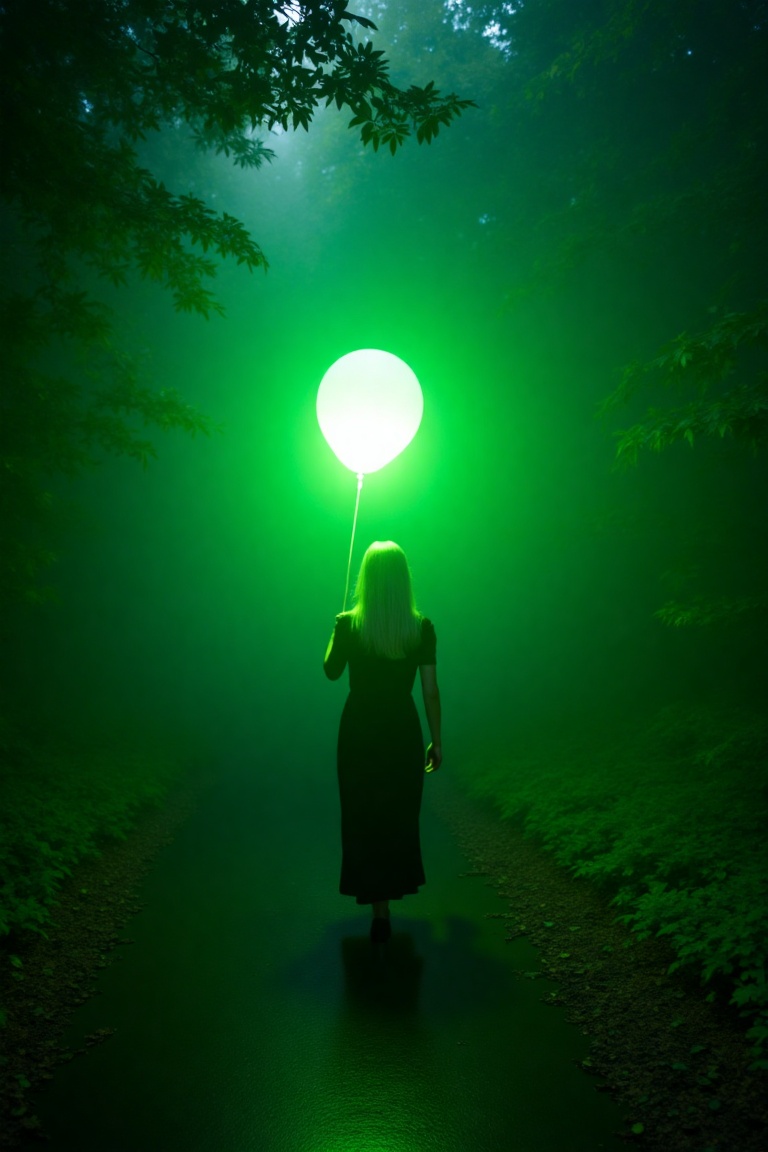 Woman in black dress walks down a path,  illuminated by a glowing green balloon,  in a mysterious on Tensor.Art
