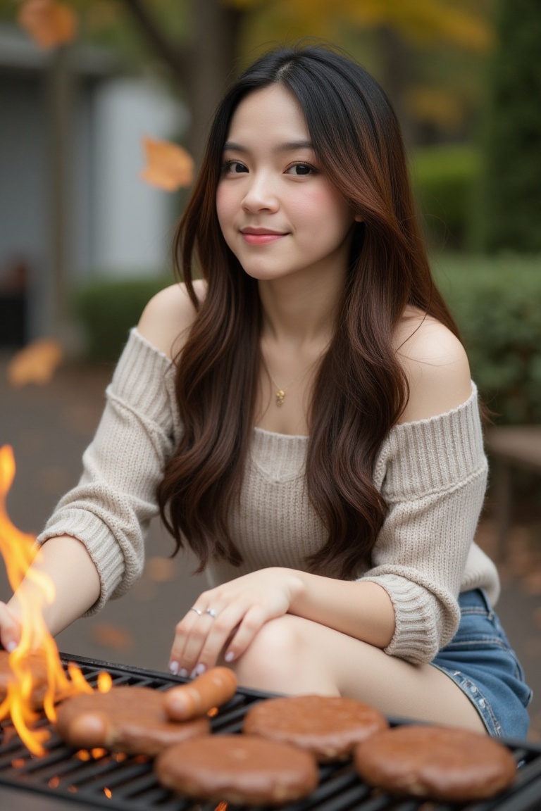 Close-up photograph of a grill,  metal grates and cooking surface sharply in focus,  warm glow of flames and sizzling food...