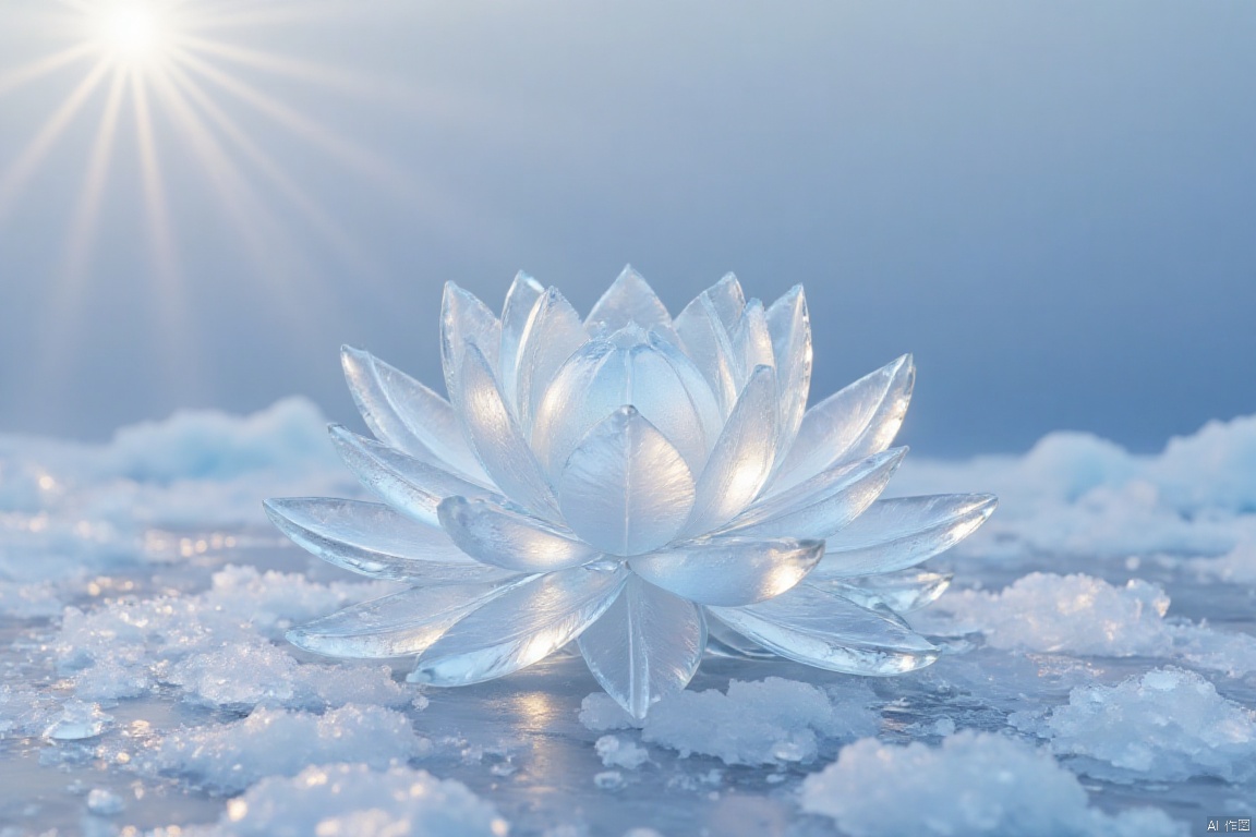 pool,lotus,simple background,ice-scenery,ice sculpture,ice style,made of ice,transparent,creative, whimsical, textured, handmade, sunny day, outdoor scene, close-up, high-resolution, fantasy, attention to detail, craftsmanship