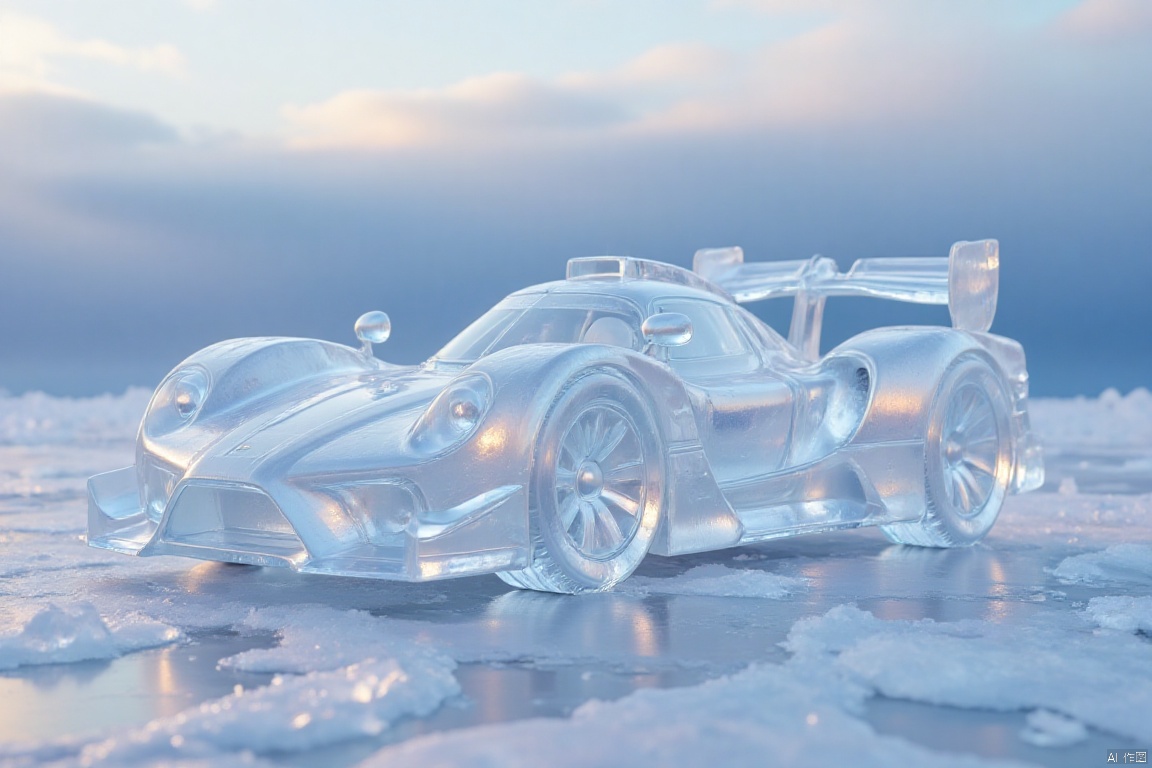 car,racing car,cool body,simple background,ice-scenery,ice sculpture,ice style,made of ice,transparent,creative, whimsical, textured, handmade, sunny day, outdoor scene, close-up, high-resolution, fantasy, attention to detail, craftsmanship