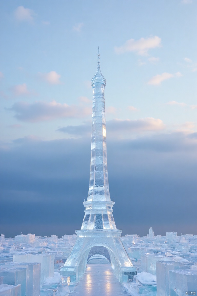 tower,city,day,sky,cloud,ice sculpture,ice style,transparent,ice-scenery
