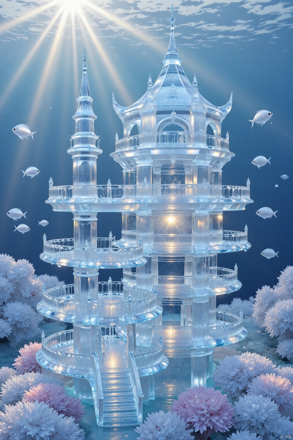 A majestic undersea villa perched atop a coral reef, its intricately designed architecture blending seamlessly with the surrounding oceanic scenery. Soft sunlight filters through the water's surface, casting an ethereal glow on the villa's curved walls and delicate spires. Schools of angelfish dart past the structure, their iridescent scales shimmering in harmony with the villa's glittering gemstone accents,ice-scenery,ice sculpture,ice style,made of ice,transparent,creative, whimsical, textured, handmade, sunny day, outdoor scene, close-up, high-resolution, fantasy, attention to detail, craftsmanship