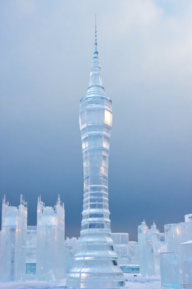 canton tower,made of ice, ice sculpture,ice style,made of ice,transparent,ice-scenery