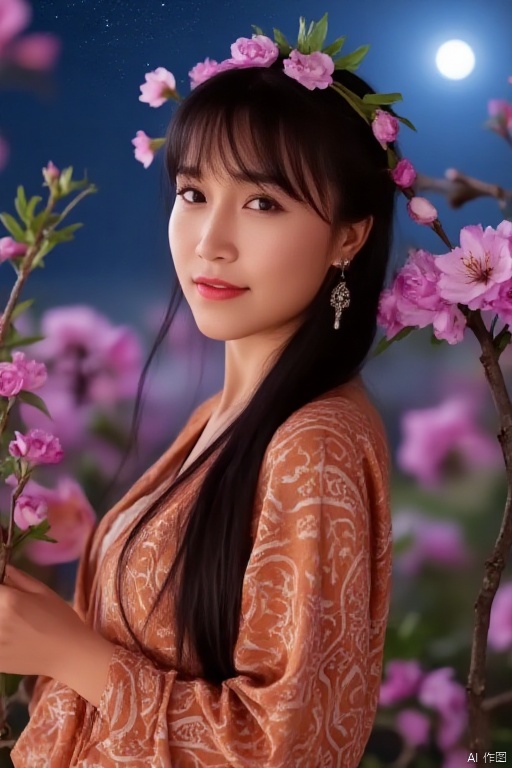 (Good structure), HDR, UHD, 8K, (A real person), Highly detailed, best quality, masterpiece, 1girl, (realistic), Highly detailed, (EOS R8, 50mm, F1.2, 8K, RAW photo:1.2), ultra realistic 8k, (best illumination, best shadow, extremely delicate and beautiful), (official art, beautiful and aesthetic:1.2), pose for picture, Dynamic pose, looking_at_viewer, lips, (perfect body), (solo), 1girl, , long hair, Wind, flowing hair, kind smile, 1girl, (masterpiece, best quality, official art, beautiful and aesthetic:1.2), unity 8k wallpaper, (photorealistic:1.4), extreme detailed, colorful, full_body, flower blooming, floating petals, light effects, flower garden, starry sky, moon, emblem,((poakl)), tifa