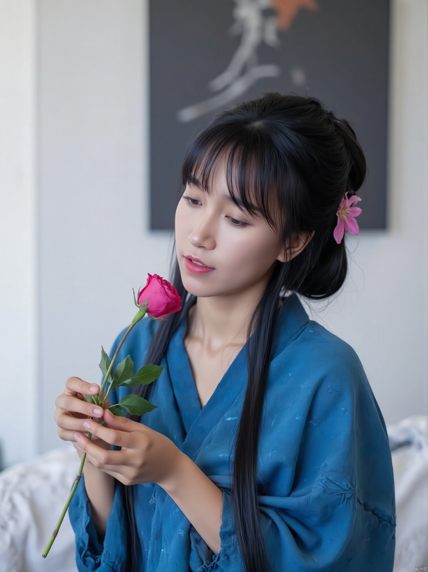 Cinematic, portrait, Kodak 5207 65mm flim, Shot by Arri Alexa 65 IMAX, Ultra photoreal, Insane Details, 32K, Realistic, --ar 3:4 --style raw --s 750 --v 6.0 --sref,a young Asian woman with long black hair, wearing a blue kimono, is holding a pink rose in her hands. Her eyes are closed, and her lips are painted a vibrant pink. Her hair is pulled back, cascading down to her shoulders. The backdrop is a stark white wall, with a black painting on it, adding a touch of color to the scene.