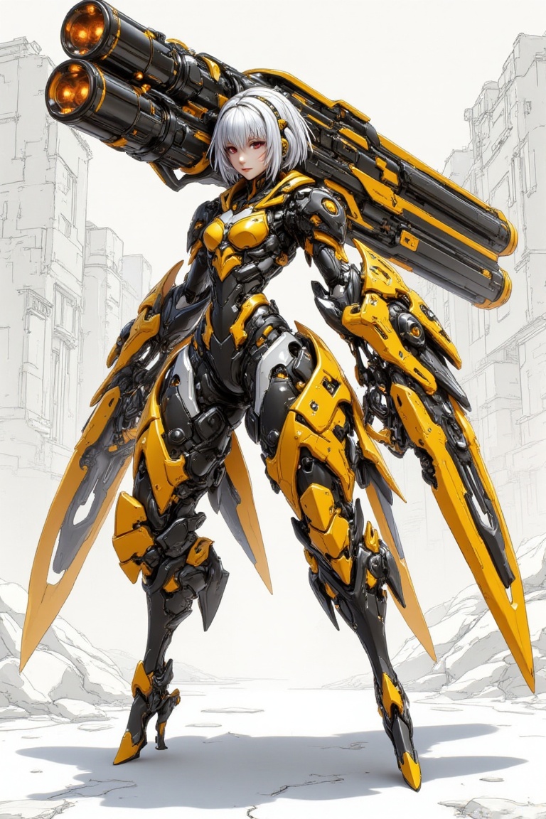 A strikingly futuristic mecha-warrior,  blending elegance and lethality,  stands poised in a commanding stance on Tensor.Art