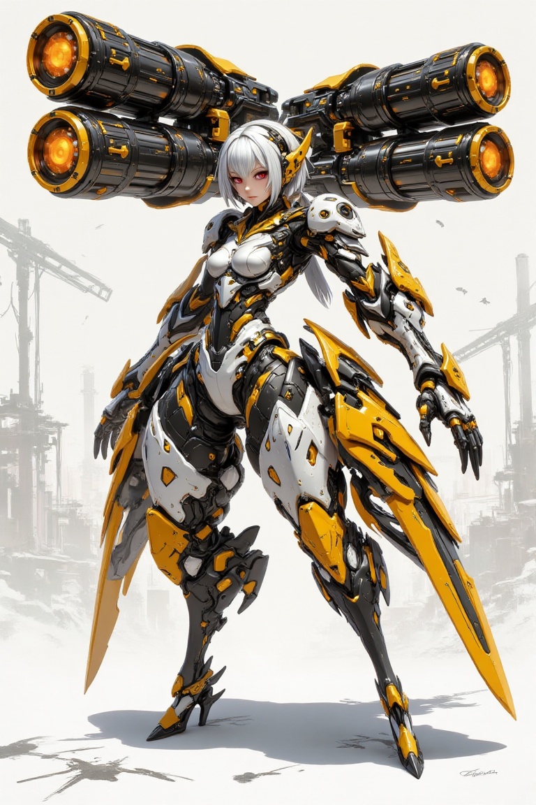 A strikingly futuristic mecha-warrior,  blending elegance and lethality,  stands poised in a commanding stance on Tensor.Art