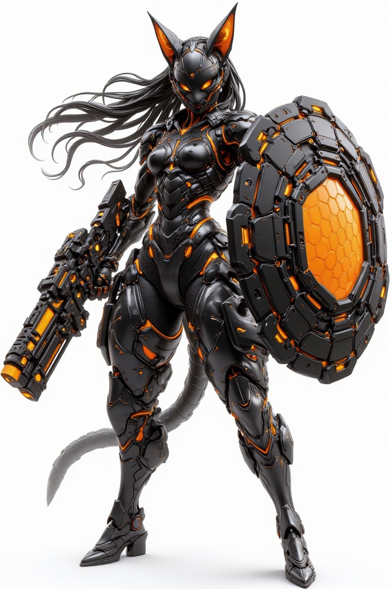 A futuristic warrior clad in an advanced exosuit stands poised for battle,  exuding a sense of strength and agility. The s...