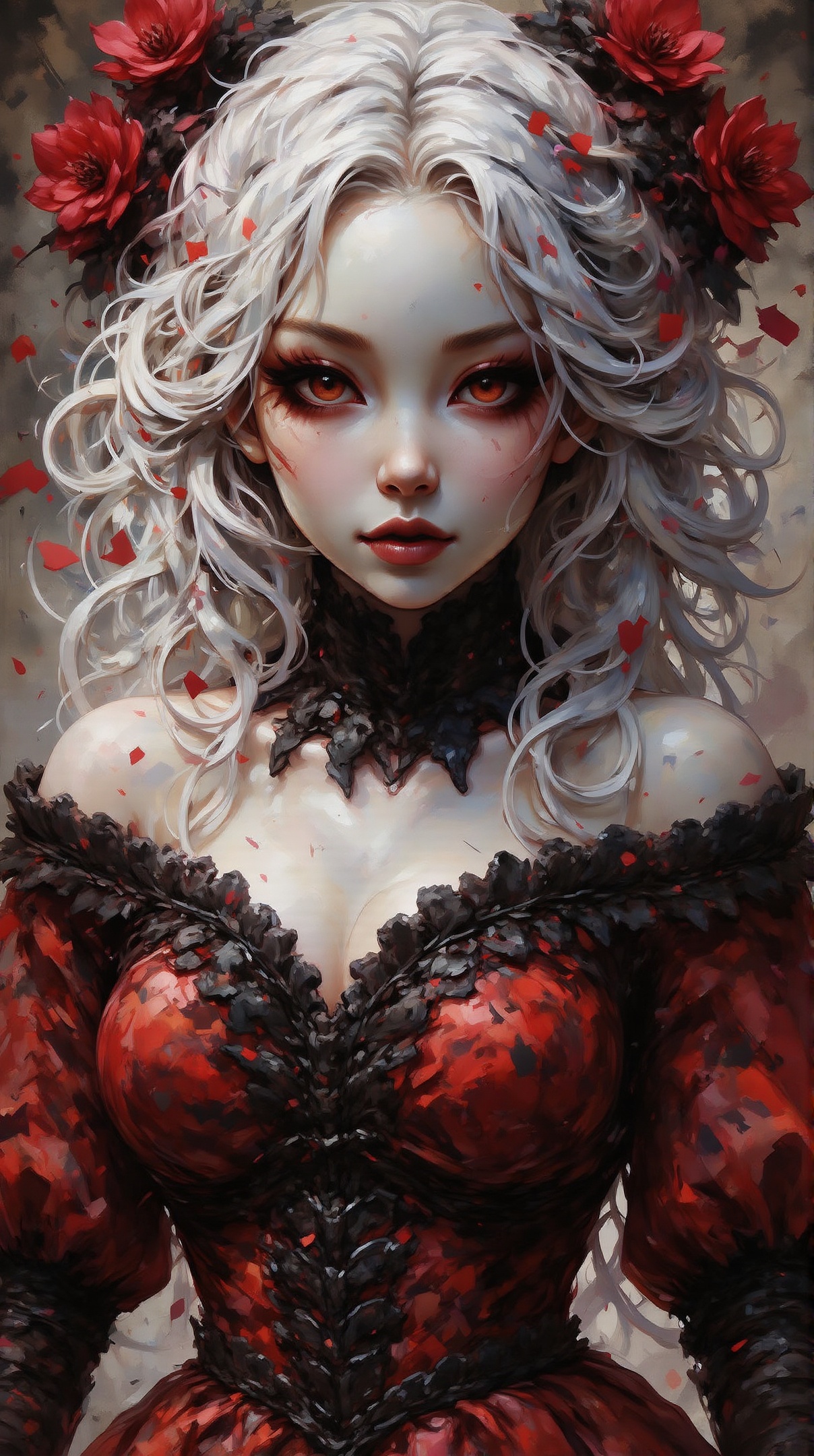 Close-up a ultrarealistic photo of a mysterious asian lady with long white hair and red eyes in a red gothic dress,  Tim B...