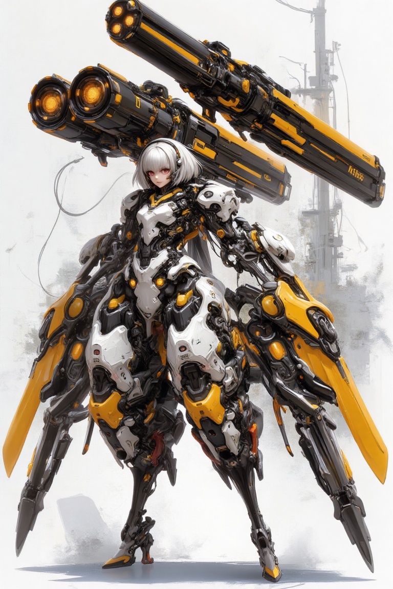 A strikingly futuristic mecha-warrior,  blending elegance and lethality,  stands poised in a commanding stance on Tensor.Art