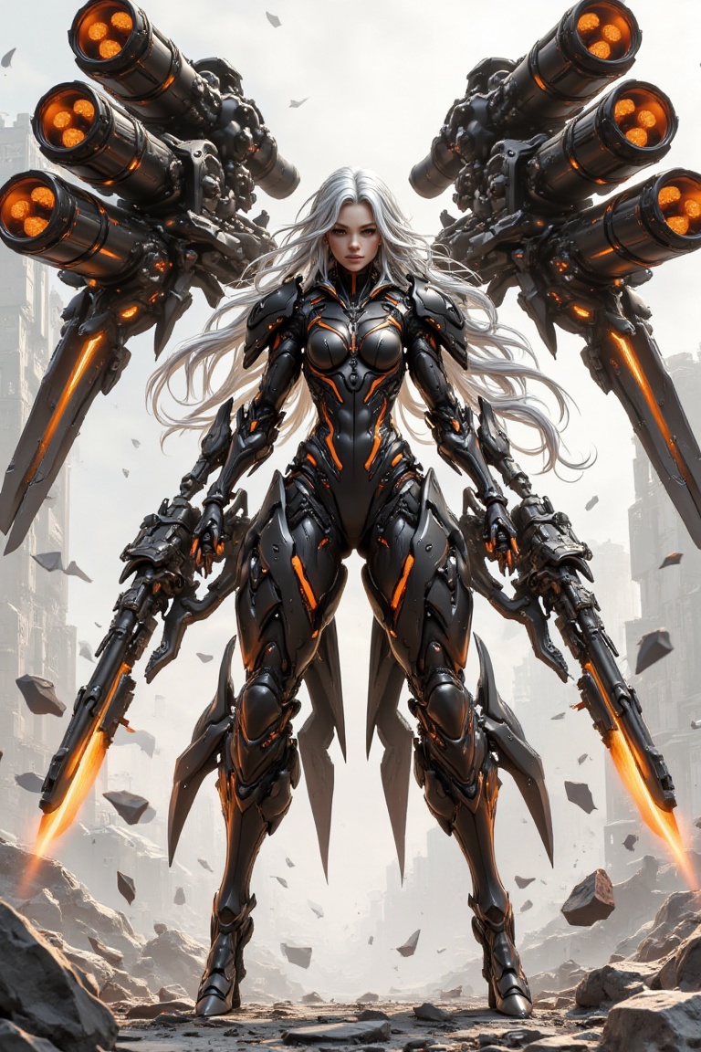 A stunning fusion of human elegance and mechanized power,  this futuristic female warrior dominates the scene,  surrounded...