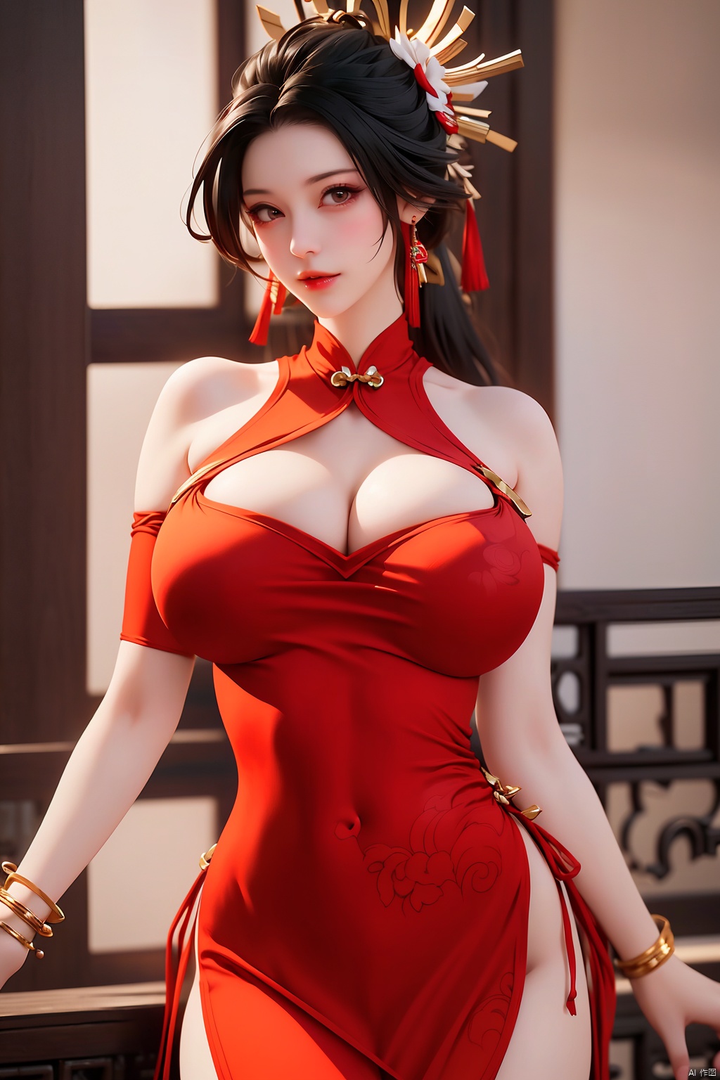 1girl
solo
long hair
breasts
looking at viewer
smile
large breasts
black hair
hair ornament
dress
cleavage
bare shoulders
jewelry
earrings
indoors
bracelet
clothing cutout
thigh strap
chinese clothes
red dress
cleavage cutout
china dress
armlet
side slit
thighlet

