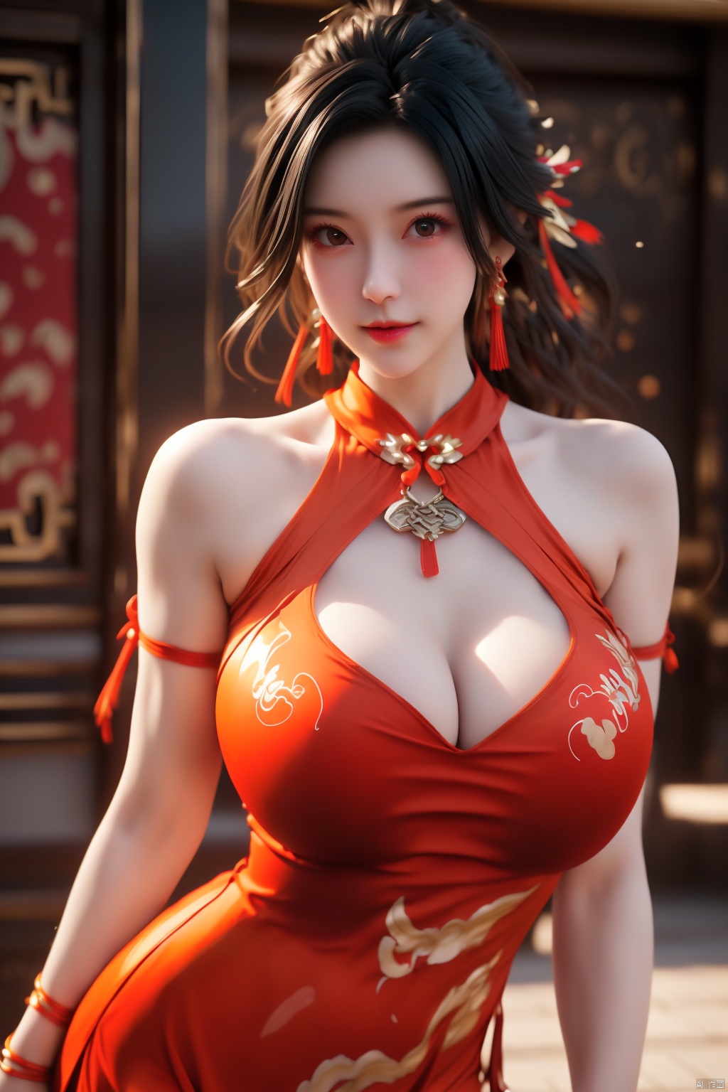 1girl
solo
long hair
breasts
looking at viewer
smile
large breasts
black hair
hair ornament
dress
cleavage
bare shoulders
jewelry
earrings
indoors
bracelet
clothing cutout
thigh strap
chinese clothes
red dress
cleavage cutout
china dress
armlet
side slit
thighlet

