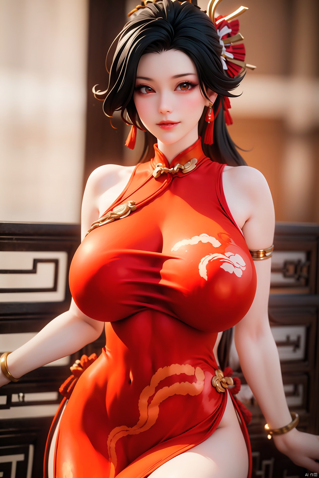 1girl
solo
long hair
breasts
looking at viewer
smile
large breasts
black hair
hair ornament
dress
cleavage
bare shoulders
jewelry
earrings
indoors
bracelet
clothing cutout
thigh strap
chinese clothes
red dress
cleavage cutout
china dress
armlet
side slit
thighlet

