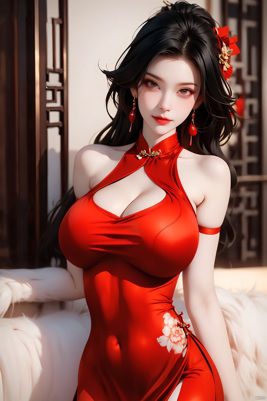 1girl
solo
long hair
breasts
looking at viewer
smile
large breasts
black hair
hair ornament
dress
cleavage
bare shoulders
jewelry
earrings
indoors
bracelet
clothing cutout
thigh strap
chinese clothes
red dress
cleavage cutout
china dress
armlet
side slit
thighlet

