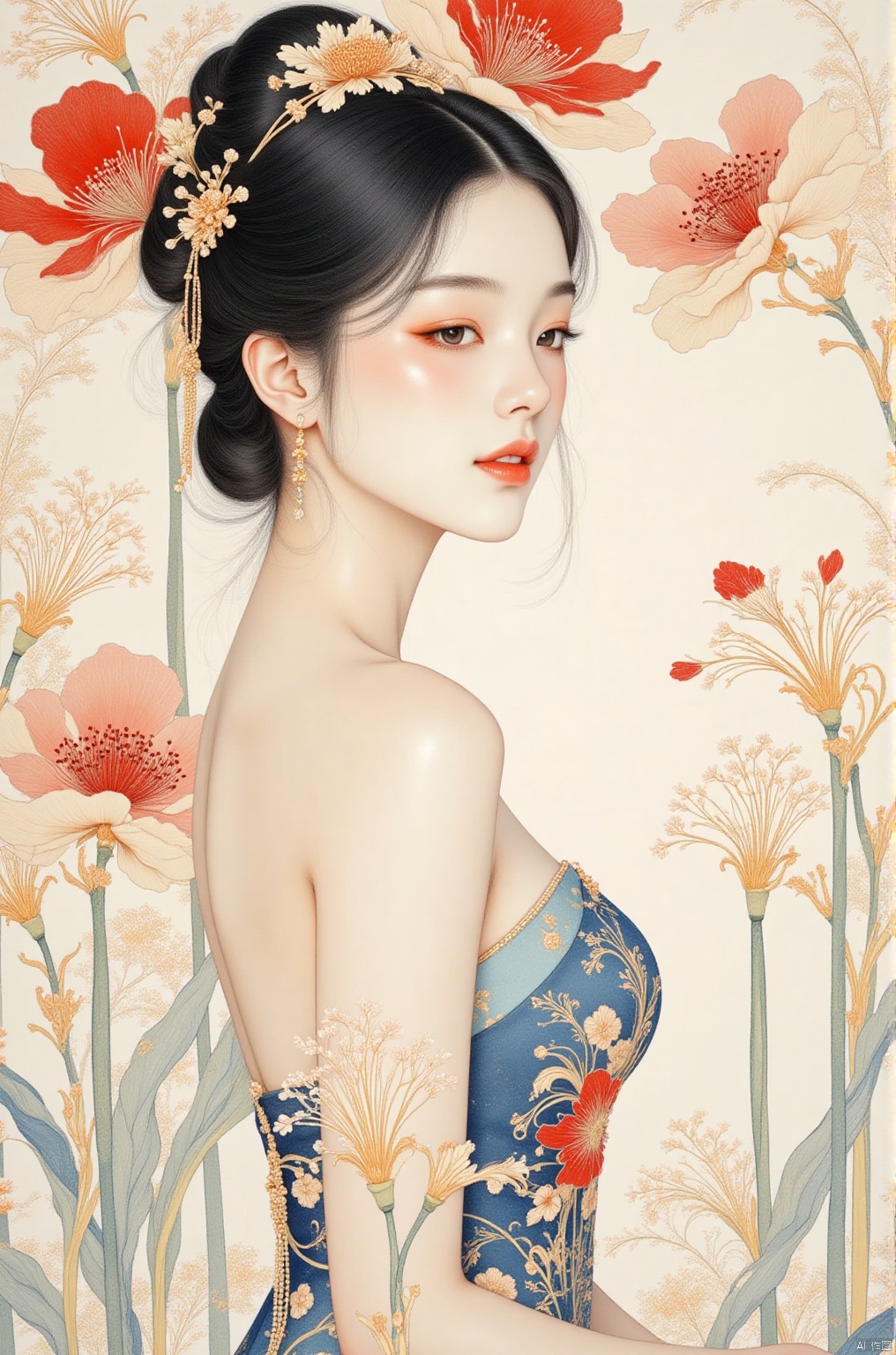highly detailed black sumi-e painting of ,xingongbi,, 1 girl, hair accessories, Chinese costumes, solo, shoulders, black hair, flowers, sitting, blue dress, waist, looking at the audience, chest, jewelry, bright, beautiful,. in-depth study of perfection, created by a master. best quality, high resolution,