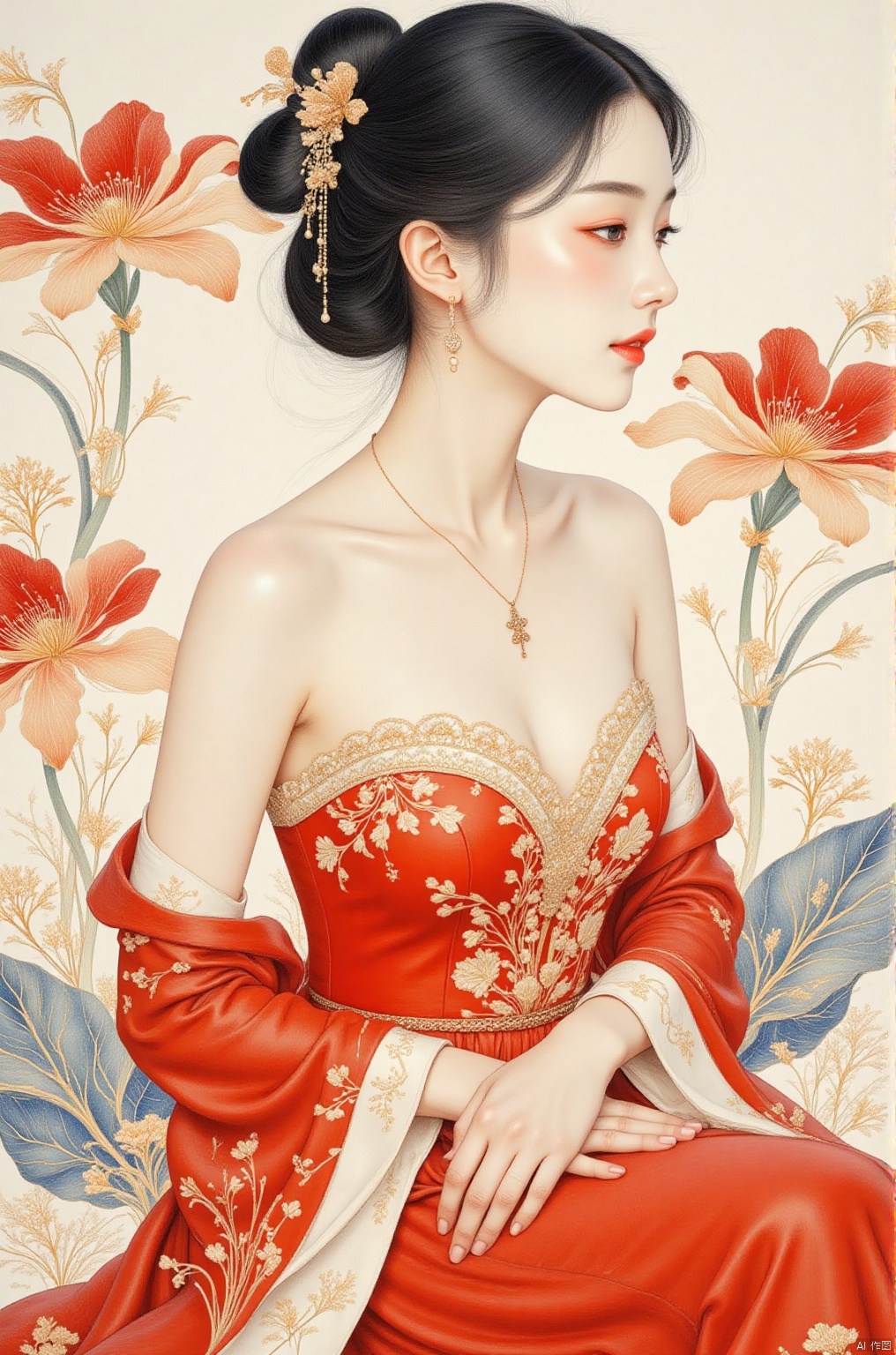 highly detailed black sumi-e painting of ,xingongbi,, 1 girl, hair accessories, Chinese costumes, solo, shoulders, black hair, flowers, sitting, red dress, waist, looking at the audience, chest, jewelry, bright, beautiful,. in-depth study of perfection, created by a master. best quality, high resolution,