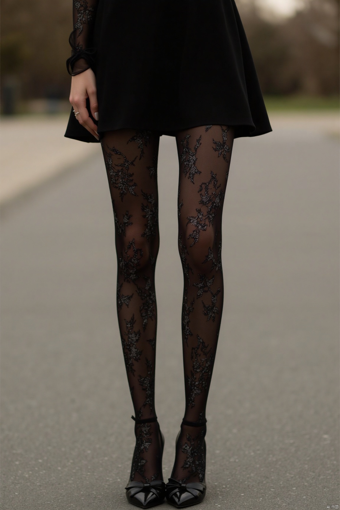 plns,a photo of slim legs,black dress,black tights, floral and silver glitter tights,high heels,lower body,standing,outdoors, romantic realism, atmospheric, perfect background,  Real photos,cher,plsw,xfg
